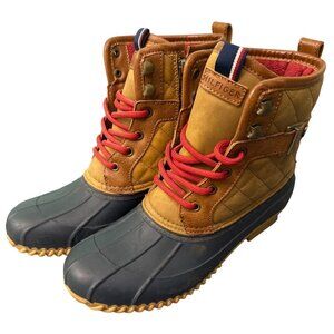 Tommy Hilfiger Womens Quilted Duck Boots With Red Laces Tan & Black Size 9M. Dur